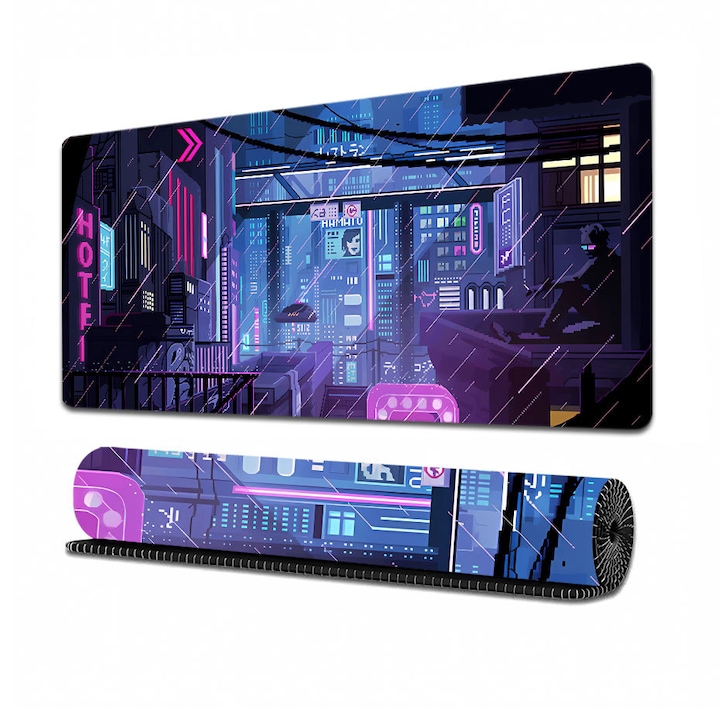 Japán anime stílusú egérpad, nagy méretű gaminghez, cyberpunk urban játék/anime dizájn, fantasy animációs stílus, csúszásmentes asztali alátét, 800x300x3 mm, kék