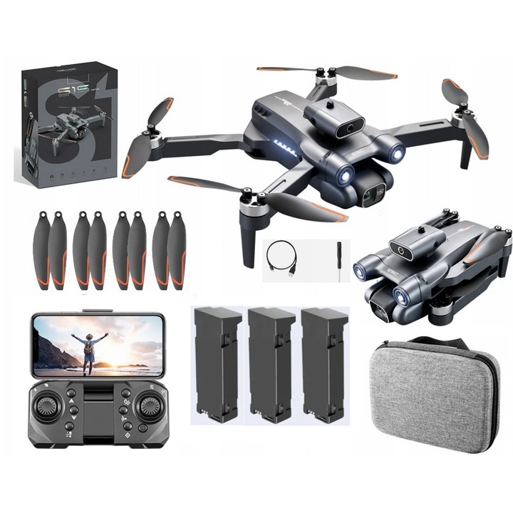 Дрон S1S PRO 8K, 2 камери, черен, 20 минути автономност, 500 м дистанция на управление, пълен комплект