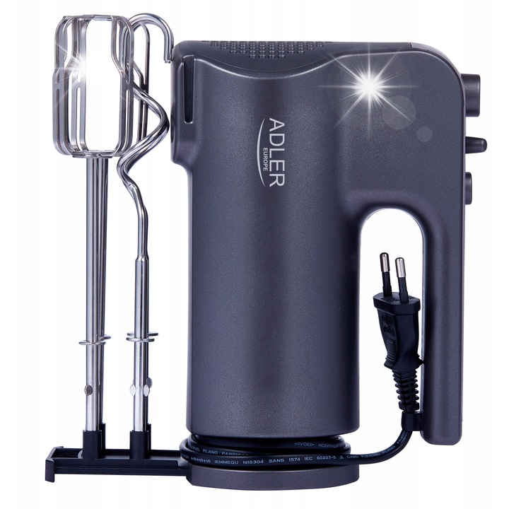 Миксер с 5 скорости, Adler, 550W, 2 бъркалки, 2 куки, с прибираща се тава, 100 см, неръждаема стомана