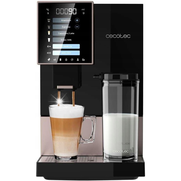 Cecotec Compactccino Connected автоматична машина за еспресо, 1350W, 19x40x32см, черно-розова, комплект с контейнер за мляко