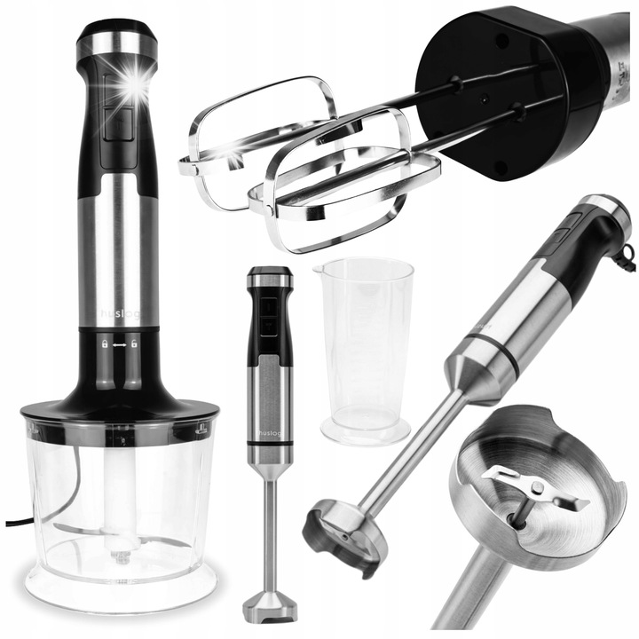 Ръчен пасатор Huslog 1500W, турбо функция, комплект с аксесоари, сребрист/черен, 700 мл