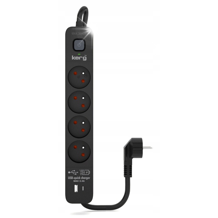 Удължителен кабел HSK DATA с 4 USB-C и USB-A гнезда, 1.5 м, 16A, черен, 309x50x38 мм