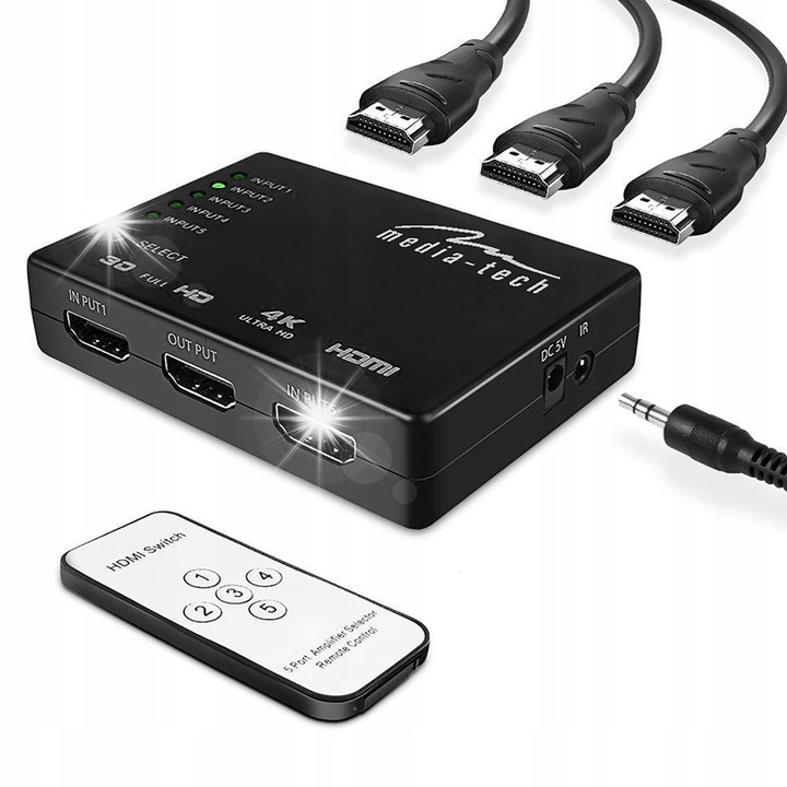 Switch HDMI 5-porturi Media-Tech, 4K, suport 3840x2160P, negru, 110x60x15mm