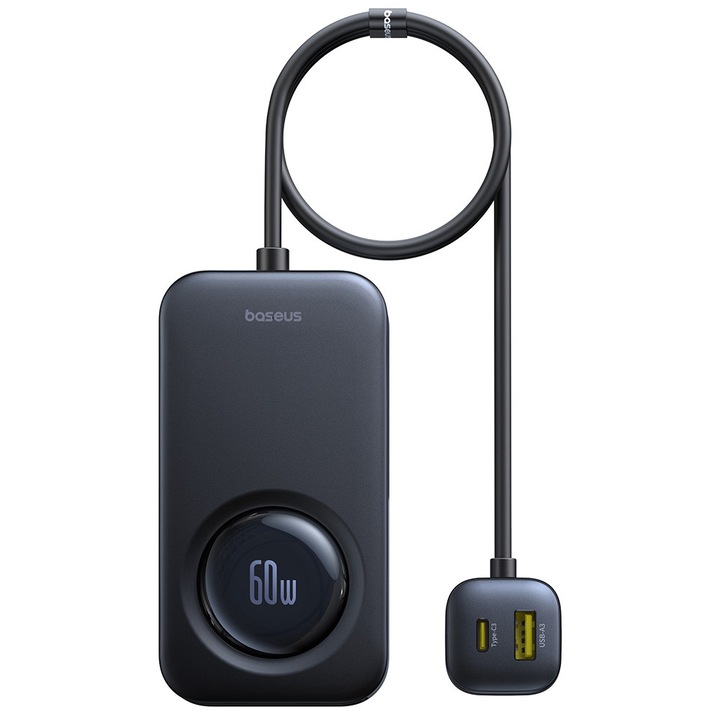 Зарядно за кола, Type-C, USB, 105W + Удължител за кабел 60W, D85, Поликарбонат, Baseus PrimeTrip VW1 C00069000121 00, D85, Поликарбонат, Черен