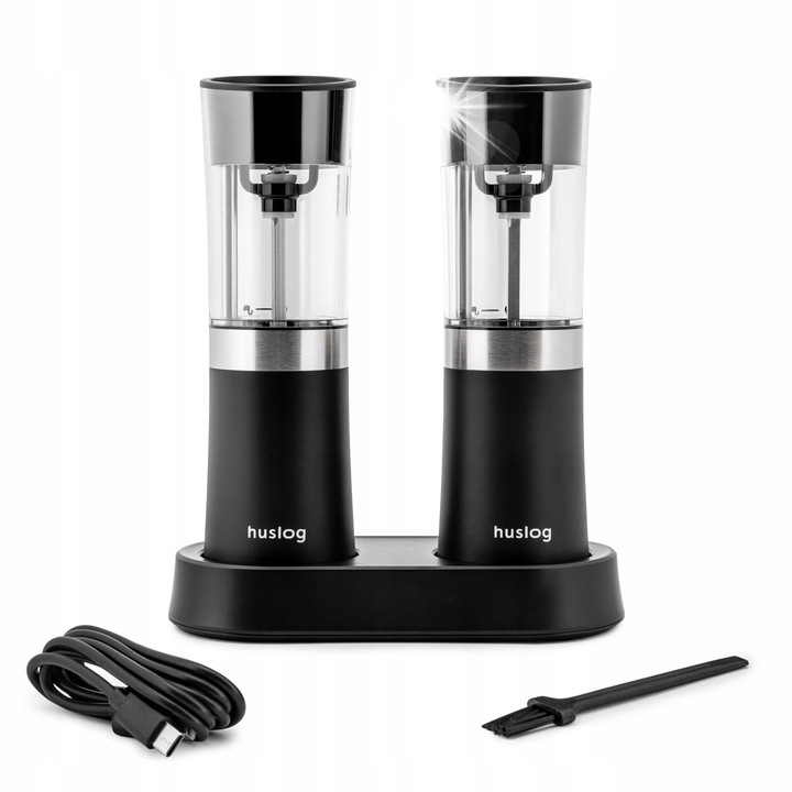 Комплект от 2 електрически гравитационни мелачки за черен пипер и сол, Huslog, капацитет 100 мл, черен цвят