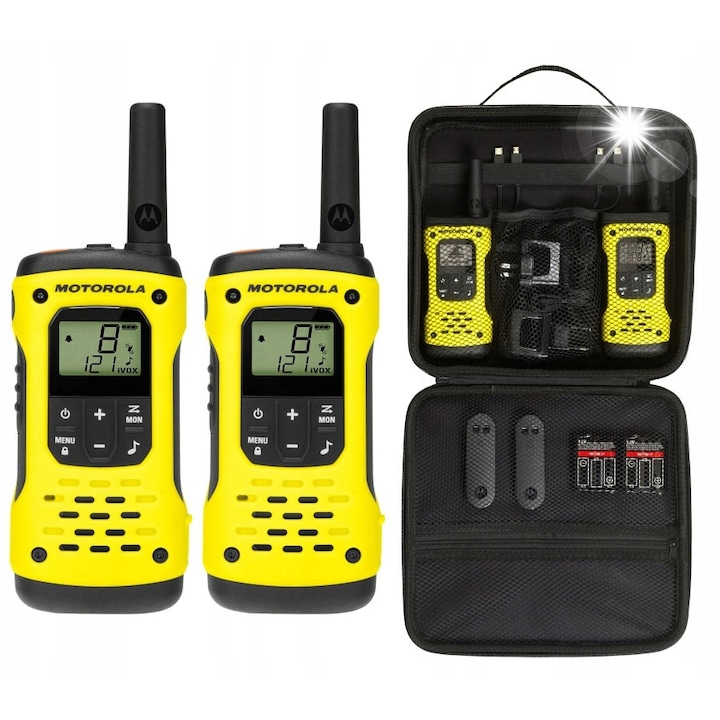 Set Walkie Talkie Motorola T92 H2O, 10 km, impermeabil, set 2x walkie talkie, 2x baterie, incarcator, valiza