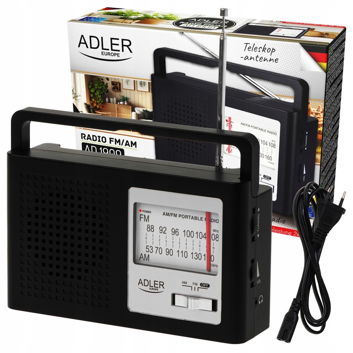 Преносимо радио Adler AD 1909, AM/FM, захранвано от мрежата и батерии, с дръжка, телескопична антена