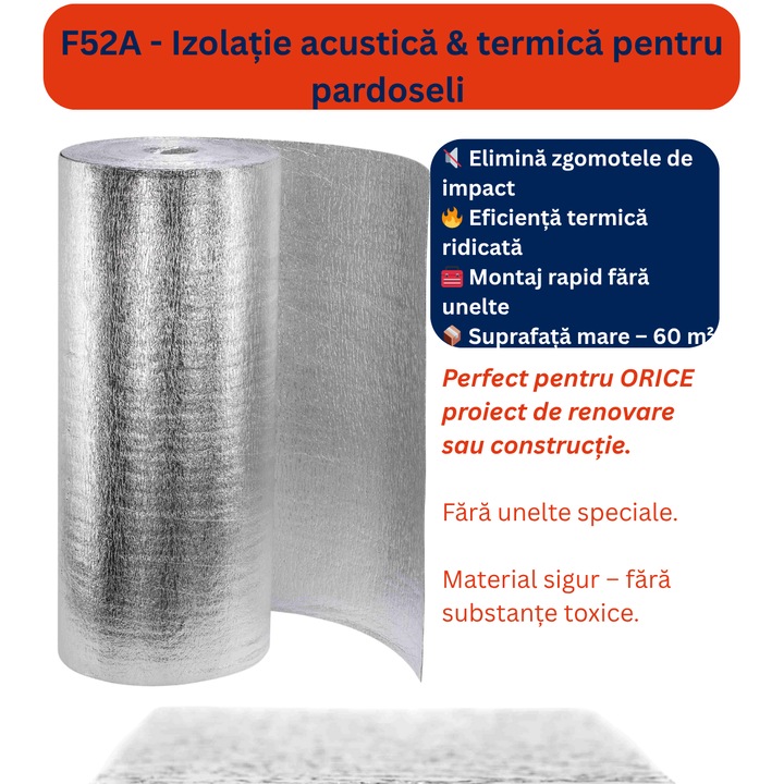 TIZO F52A – Izolatie fonica & termica pentru pardoseala (60 m²) – Spuma PE + film aluminiu – Anti-zgomot, anti-risipa termica