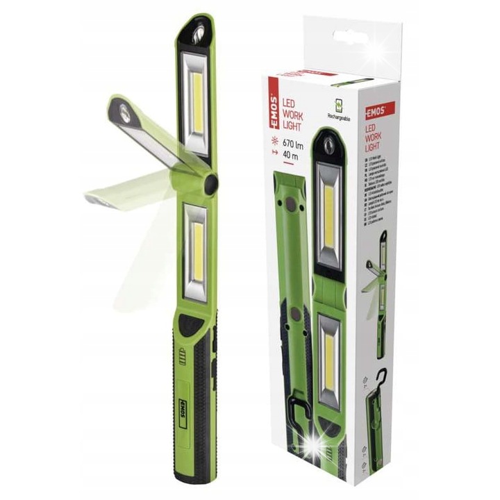 Работна лампа Emos, 2x3W COB LED + 1W, 670 lm, 2200 mAh, черно-зелена