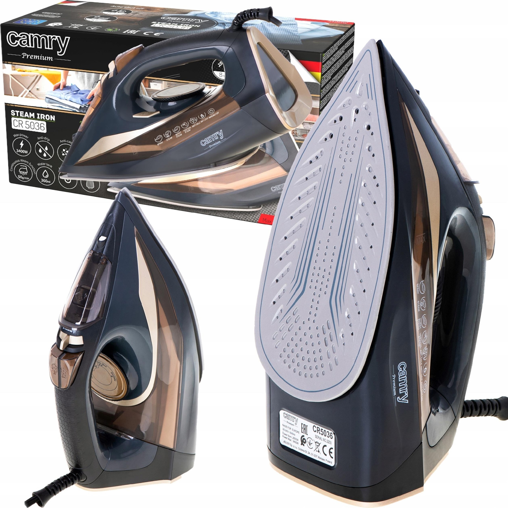 Fier de calcat Camry CR5036, 3400W, sistem anti-calcar, capacitate rezervor 0,36l, negru-maro, 1,5m