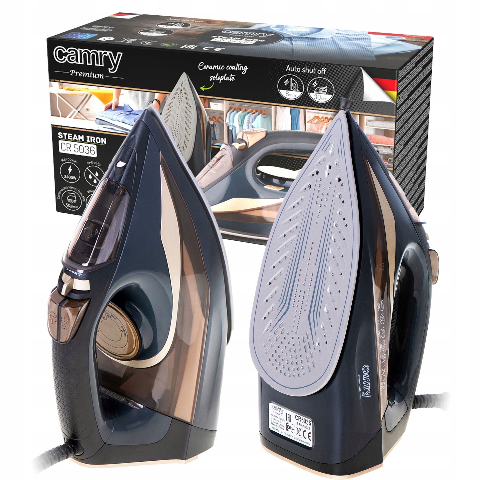 Fier de calcat Camry CR5036, 3400W, sistem anti-calcar, capacitate rezervor 0,36l, negru-maro, 1,5m