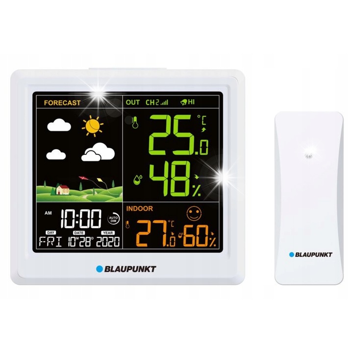 Метеорологична станция Blaupunkt WS25WH, измерване на температура и влажност, цветен дисплей, 114x105x20 мм, комплект с 1 безжичен сензор