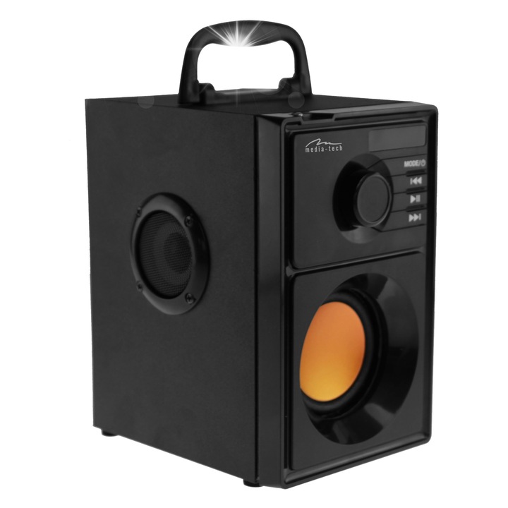 Преносим Bluetooth високоговорител Media-Tech MT3145, 15W, черен, размери 120x195x165мм, с вграден субуфер и дистанционно управление