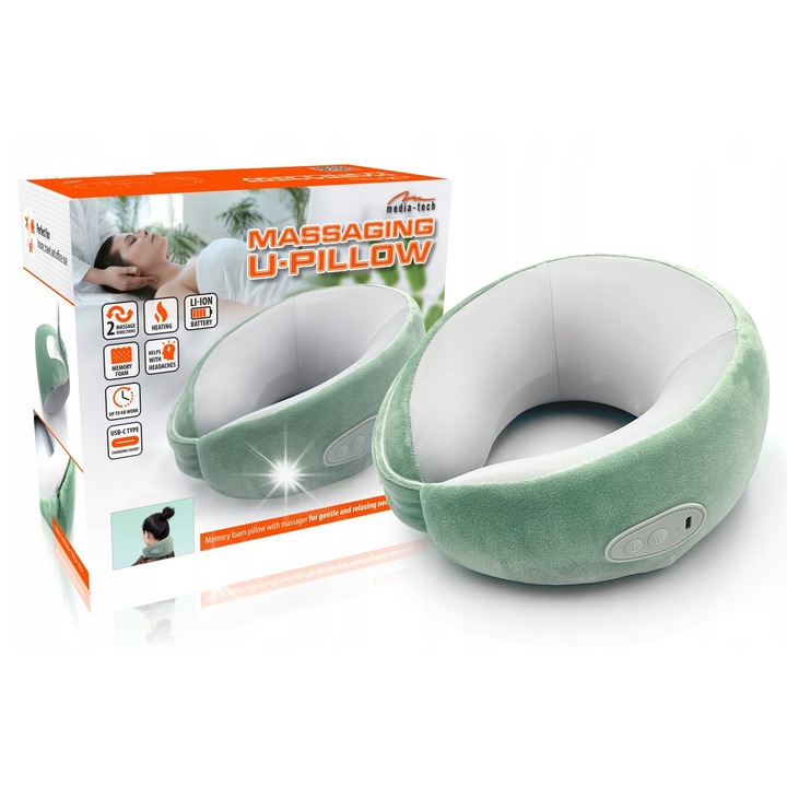 Масажна възглавница U-PILLOW, MEDIA-TECH, ортопедична, масажна и отопляема, 23x25x12см, многоцветна