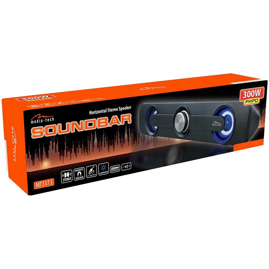 Soundbar Media-Tech MT3173, stereo 2.0, 5W RMS, alimentare USB 5V, intrare jack 3,5 mm, iluminare albastra, negru, 320x60x65 mm