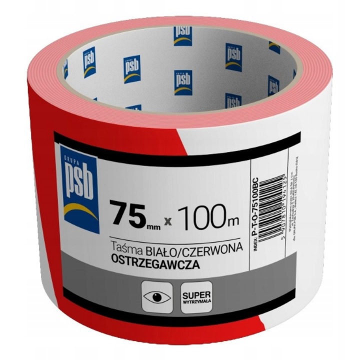 Kétszínű figyelmeztető szalag 75 mm x 100 m, vízálló, műanyag