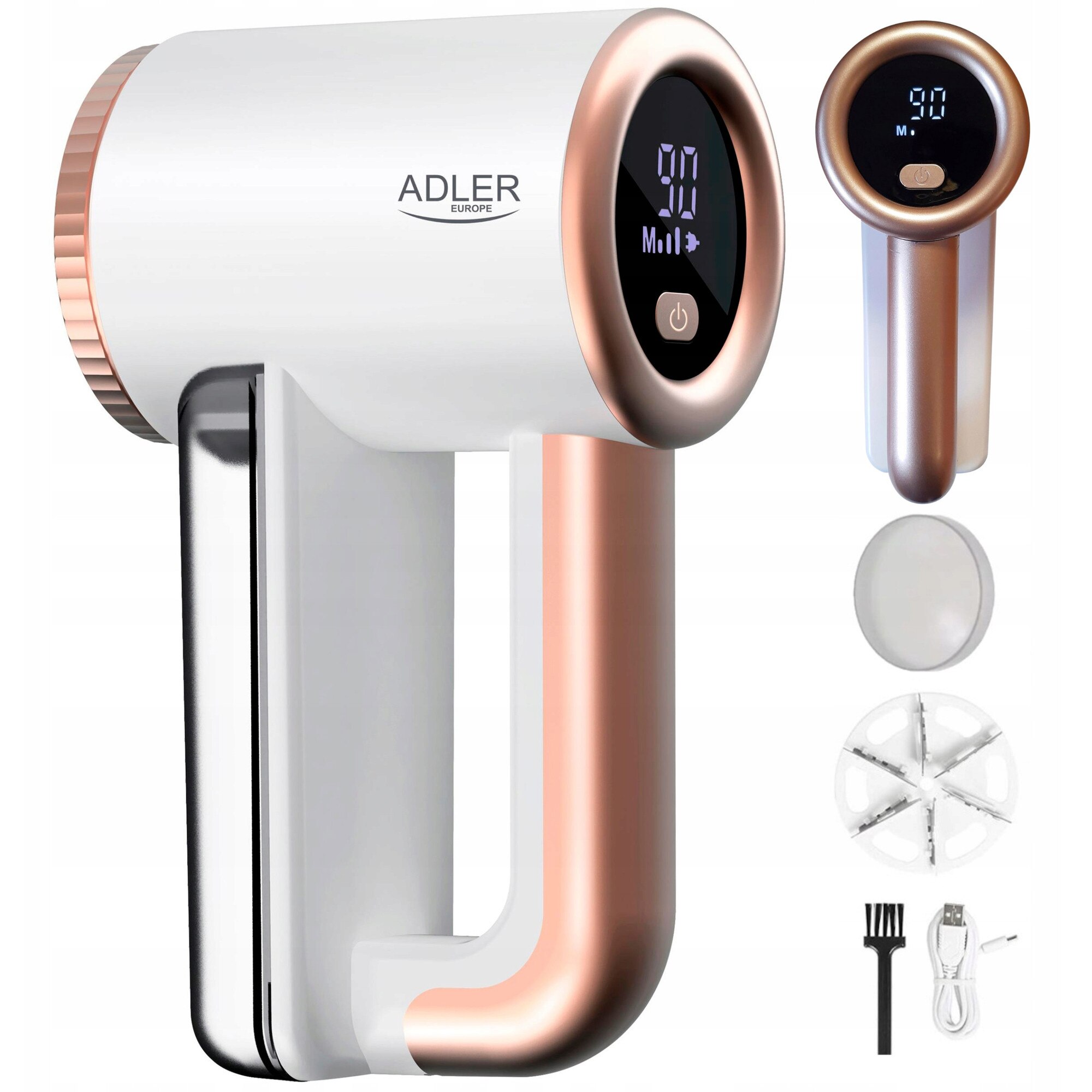 Aparat electric de scame ADLER, cu afisaj LCD, 3 viteze, acumulator 2000mAh, set complet, diametru 6,5cm