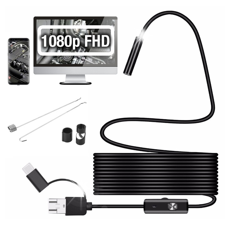 USB OTG 1080p ендоскопска камера, 5 м, 8 светодиода, водоустойчива, комплект с 3 глави (магнит, кука, огледало)
