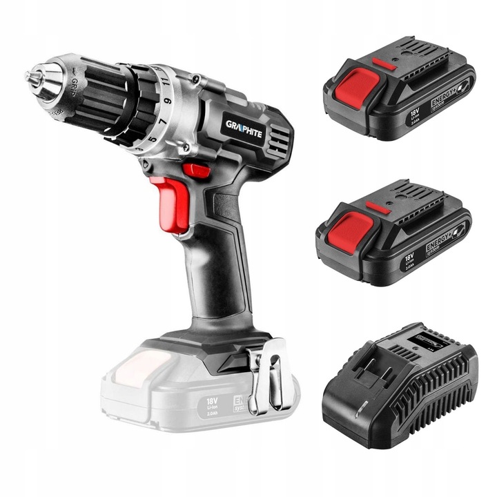 Комплект графитни електрически инструменти, 2x 18V литиево-йонни батерии 2Ah, зарядно устройство, 1.05 кг