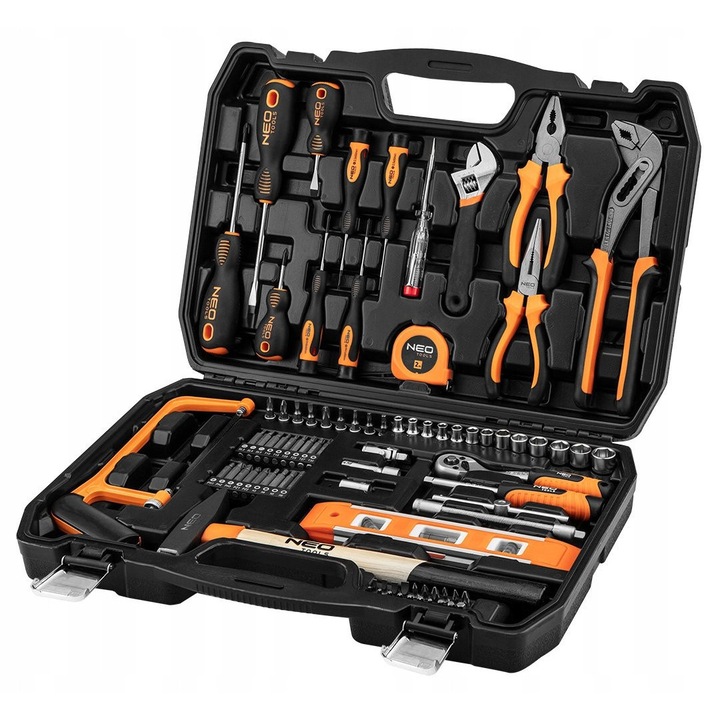 Универсален комплект инструменти NEO, 88 елемента, метална кутия, различни размери, включени аксесоари