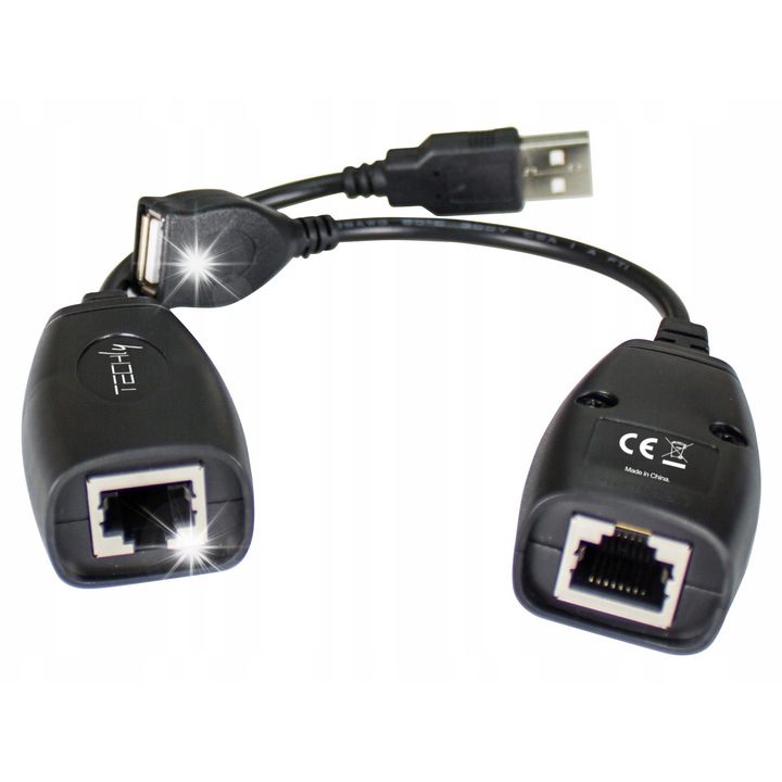 Удължител USB Techly 1.1, 50м, RJ45, черен