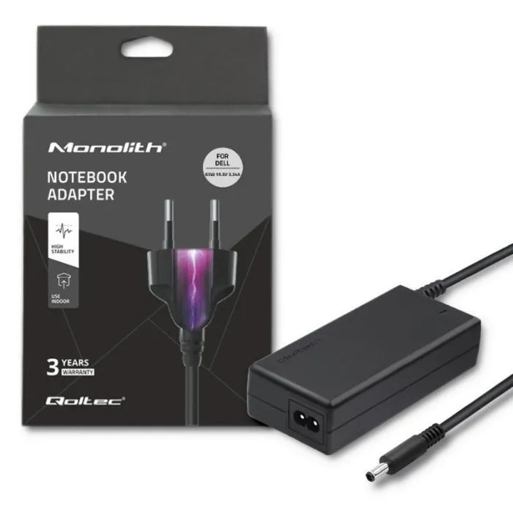 Qoltec laptop tápegység 65W 19.5V 3.34A, 4.5x3.0+pin csatlakozó, kompatibilis Dell (Inspiron, XPS), tápkábellel, Fekete