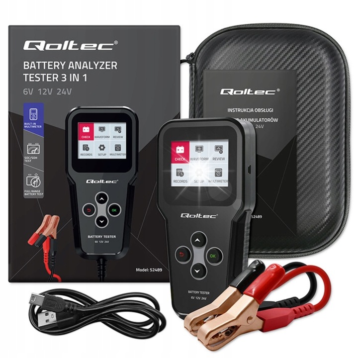 Цифров тестер за акумулатори 3w1, 6V-24V, 30Ah-200Ah, LCD, Qoltec