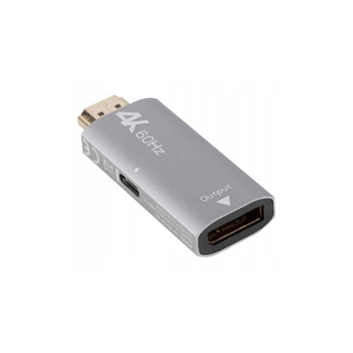 HDMI -> DisplayPort 4K адаптер, Lanberg, алуминий, 18 Gb/s, сребрист