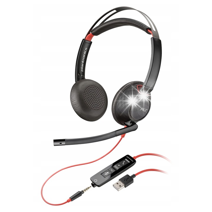 Компютърни слушалки Poly Blackwire 5220, USB-C, 3.5 мм, USB-C/A адаптер, черни, червени