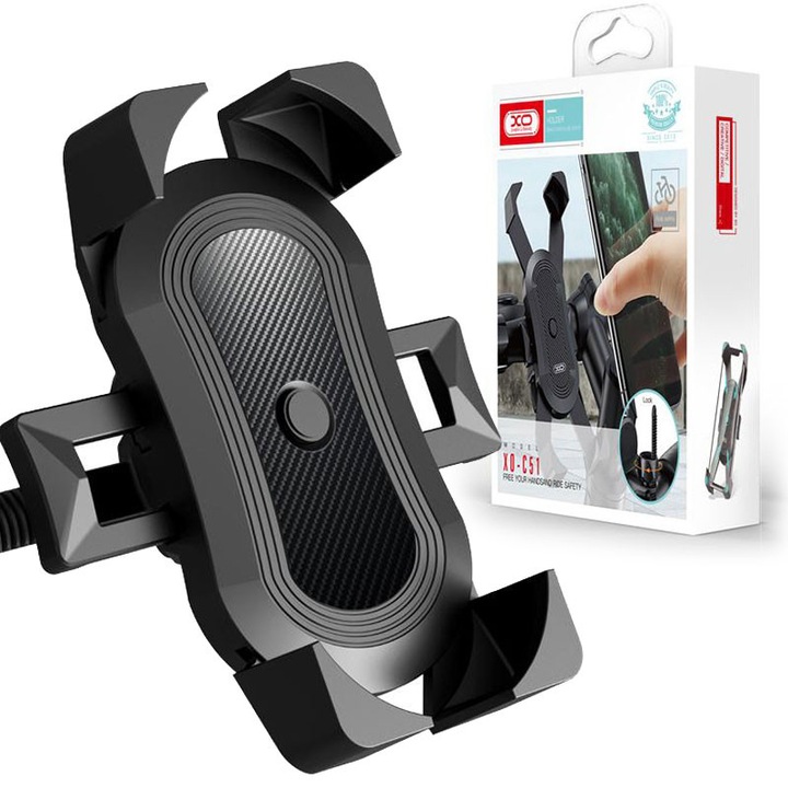 Kerékpár-/motorkerékpár-tartó, XO-C51, ütésálló sarkok, kormányra szerelhető, 360 fokban forgatható, fekete