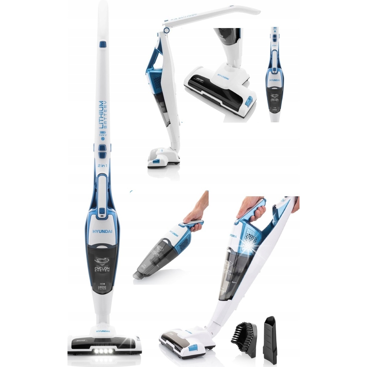 Aspirator fara fir Hyundai VC914 2 in 1, alb/bleu, 119,5x26x23cm, filtru HEPA
