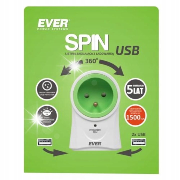 Захранване EVER SPIN, 2xUSB, защита от деца, 60x90x65 мм
