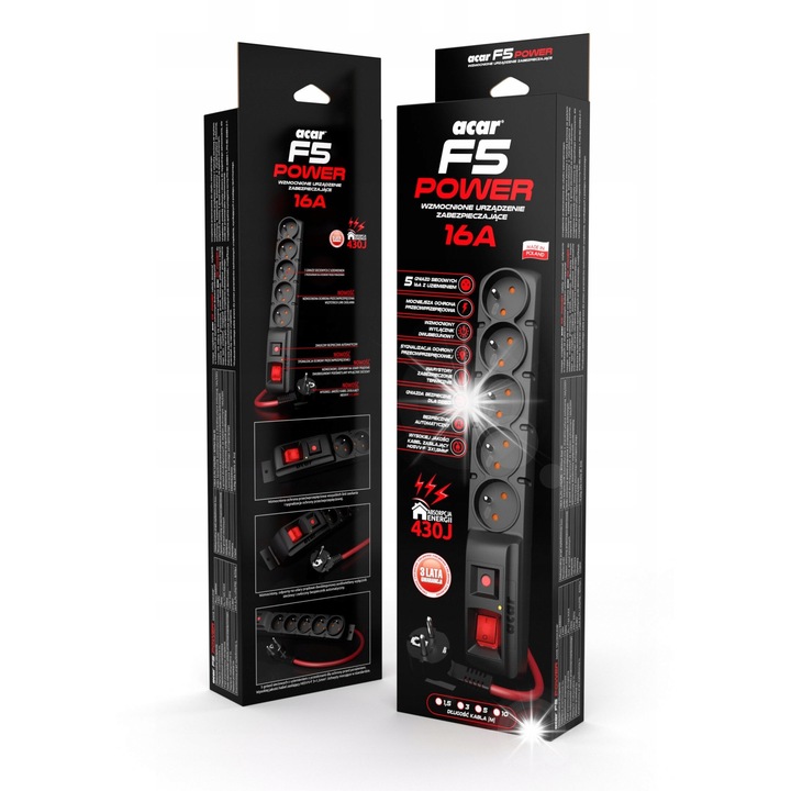 Acar F5 POWER удължителен кабел с 5 гнезда 1.5 м, черен, със защита от пренапрежение