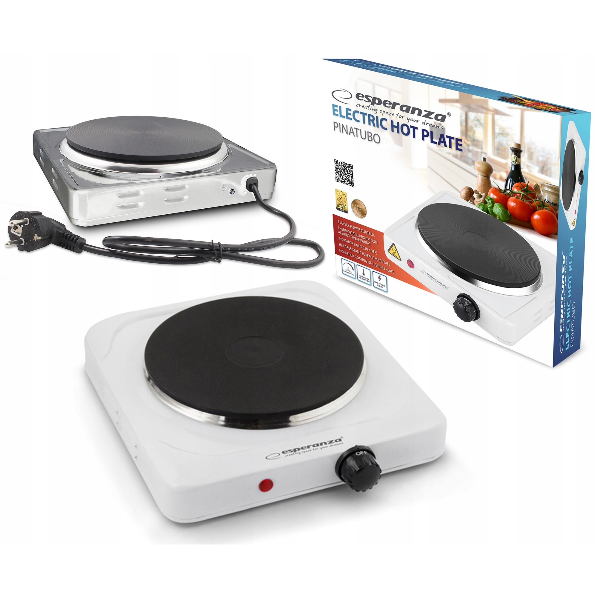 Aragaz electric Esperanza Pinatubo, 1500 W, 1 zona de gatit 18,5 cm, alb