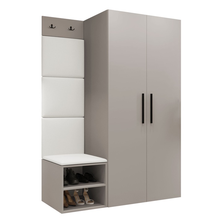 Set mobilier hol Hekurt IV, MIRJAN 24, casmir + alb piele ecologică, Dulap 80x191x50cm, Pantofar 42x44x43cm, Cuier 42x20x4cm