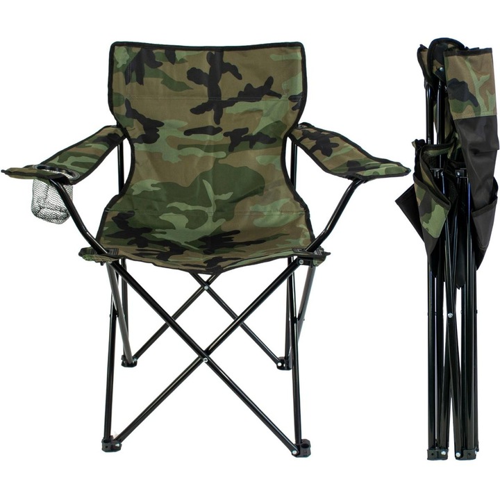 Scaun pliabil pentru camping Enero Camp pescuit, camuflaj verde, suport pahar/sticla, husa, max 100 kg, 50x50x80 cm