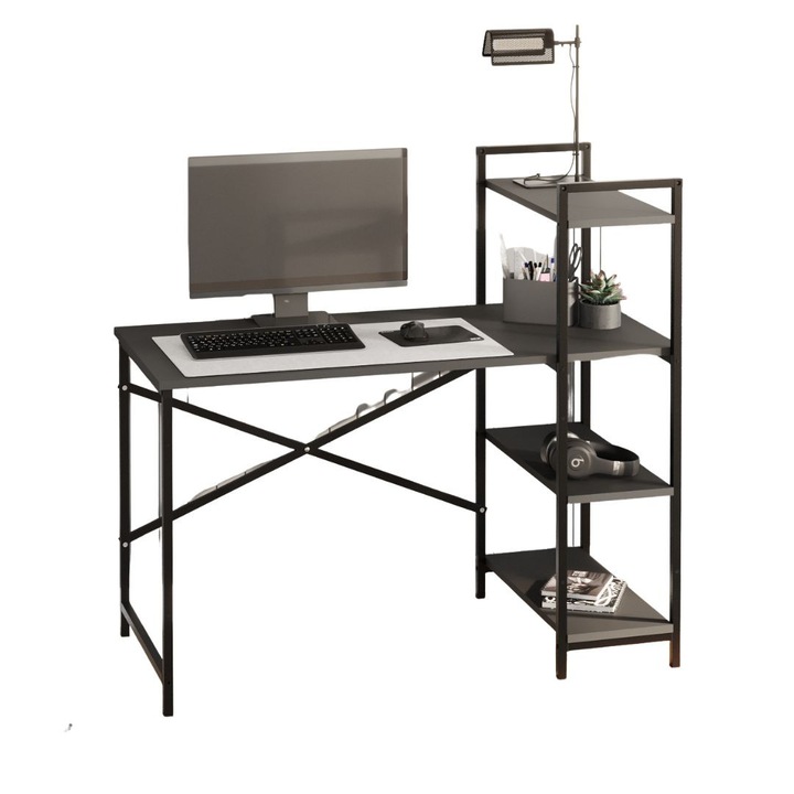 Birou metalic Start H, culoare Antracit, blat pal 120x56, grosime 18mm, cu etajere verticale, structura metalica