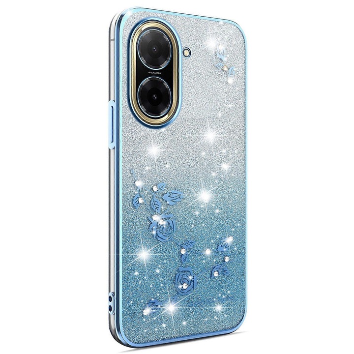 Carcasa telefon, design elegant cu flori si strasuri, TPU flexibil, Albastru, pentru Xiaomi Redmi A5 4G si Poco C71 4G