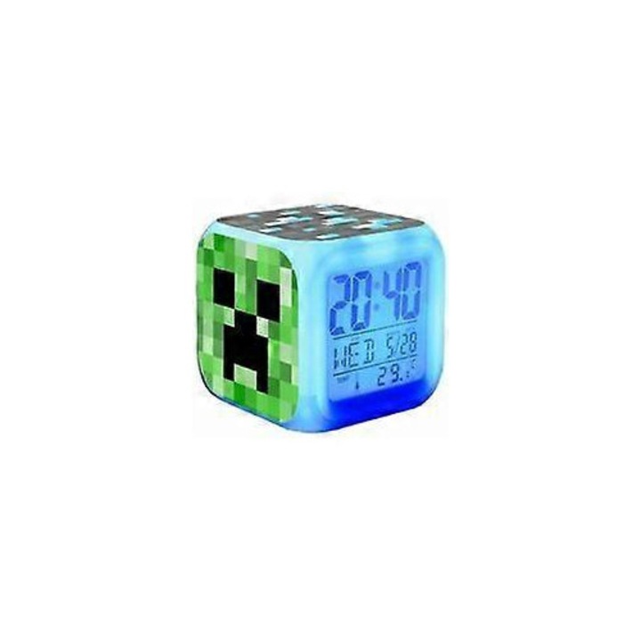 Minecraft dekoratív óra, ébresztő, LED éjjeli fény, 7 szín, 8x8x8cm