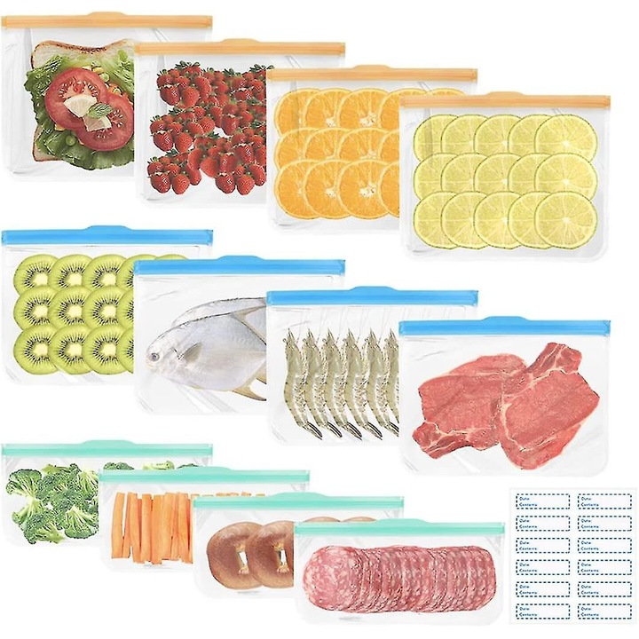 Set de pungi reutilizabile pentru alimente, multicolor, 12 piese, rezistente si etanse, fara BPA, dimensiuni variate