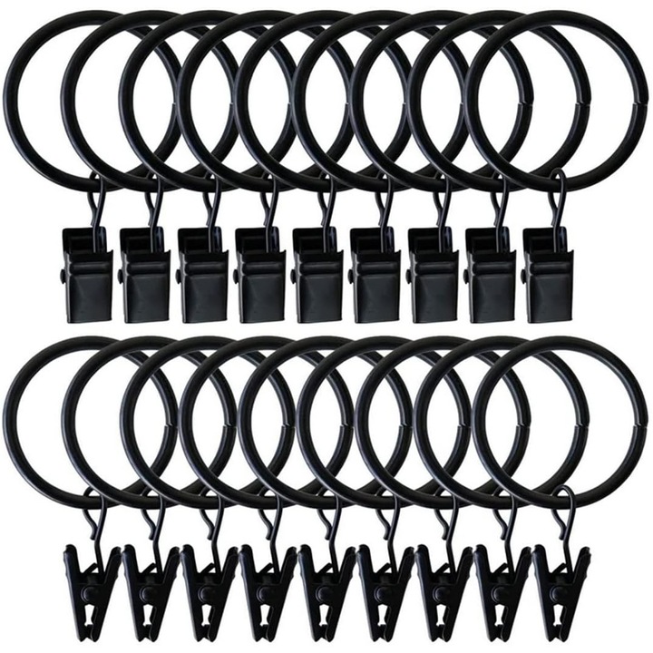 Inel pentru perdea cu clips, set de 20, negru, 6.22x3.8cm