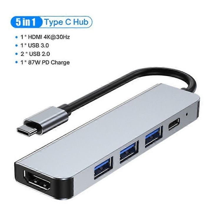 Hub multifunctional USB-C 4K, 5 in 1, HDMI, USB 3.0, 87W, gri, 13cm