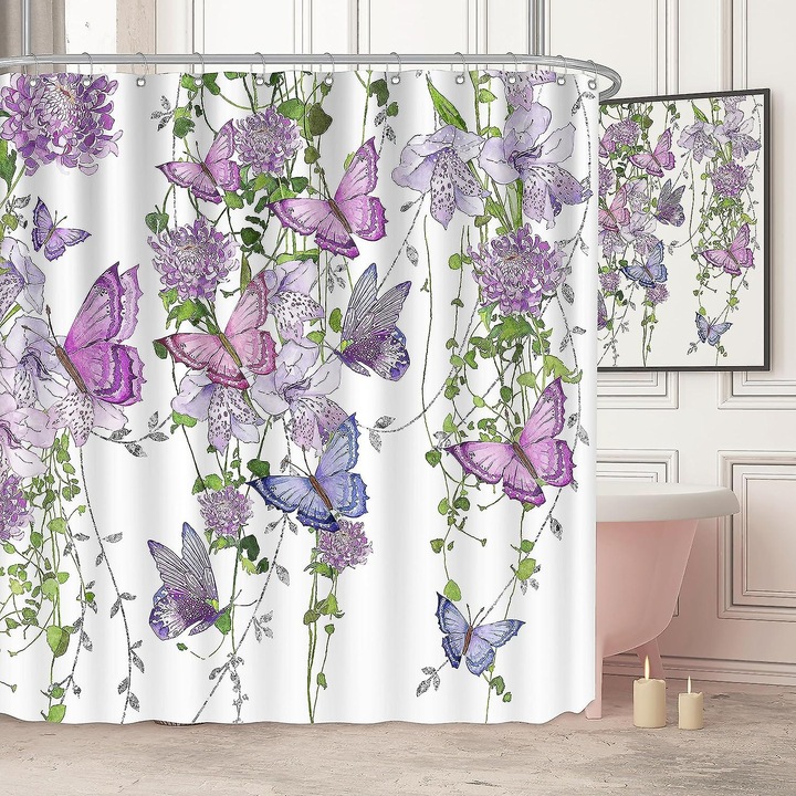 Lila pillangós zuhanyfüggöny, 72x72 hüvelyk, 12 kampóval, vízálló poliészter anyagból