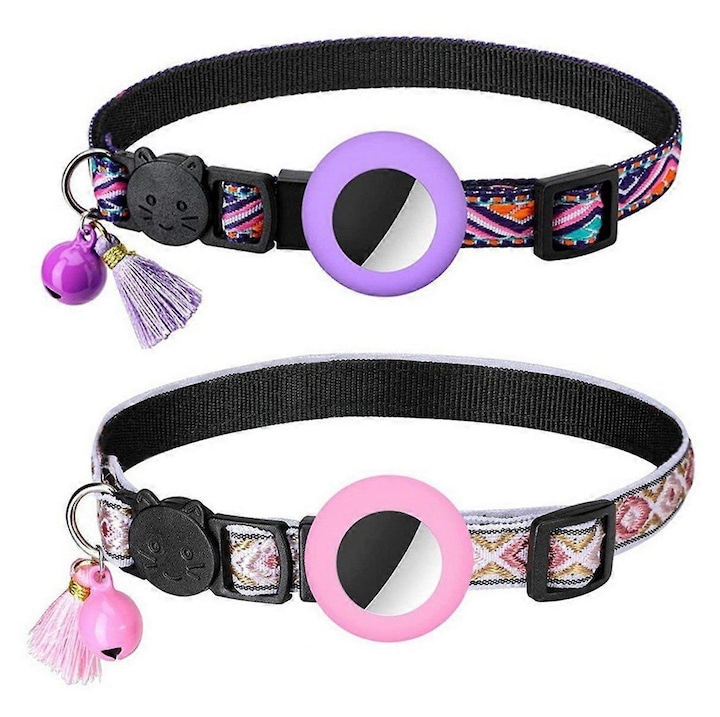 Set 2 piese zgarda pentru Pisici cu Suport Airtag, Design Geometric, Violet si Roz, Ajustabil 22-34cm