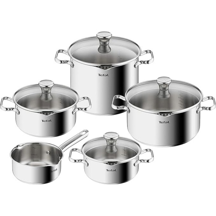 Set de oale Tefal Duetto A705S9, 9 piese, inox, rezistent la cuptor până la 260C, compatibil cu toate tipurile de plite, dimensiuni: 16cm, 18cm, 20cm, 22cm, 24cm.