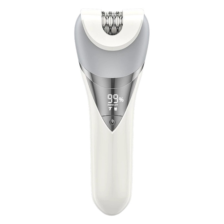 Epilator electric pentru femei, afisaj digital LED, utilizare umeda si uscata, rezistent la apa IPX7, potrivit pentru axile, brate, coapse, buze si linia bikinilor, 1400mAh, reincarcabil USB, ergonomic, compact si portabil, alb si argintiu
