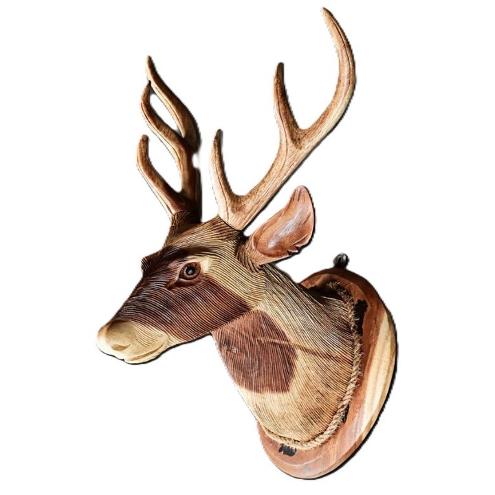 Statueta decorativă din lemn sculptat, trofeu cap de cerb cu coarne, 500x400x600mm
