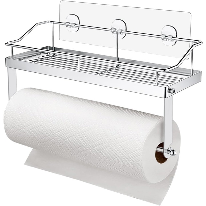 Suport Rola Hartie de Bucatarie Si Raft, Rqiurpn, inox, design elegant, fara gaurire, rezistent la rugina, Pretabil si Hartie Igienica, Argintiu