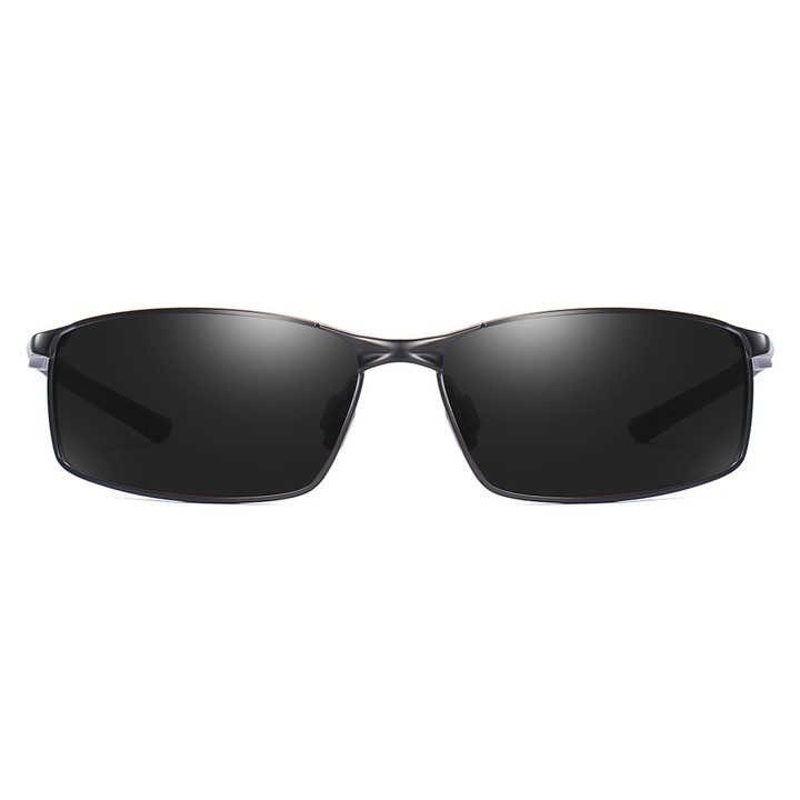 Ochelari de soare de barbati rectangulari, lentila polarizata, filtru UV, culoare lentile negru, Negru