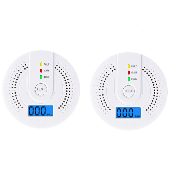 Комплект от 2 детектора за въглероден оксид, Rqiurpn, Дигитален, С LCD дисплей, Безжичен сензор, Звукова аларма, Бял